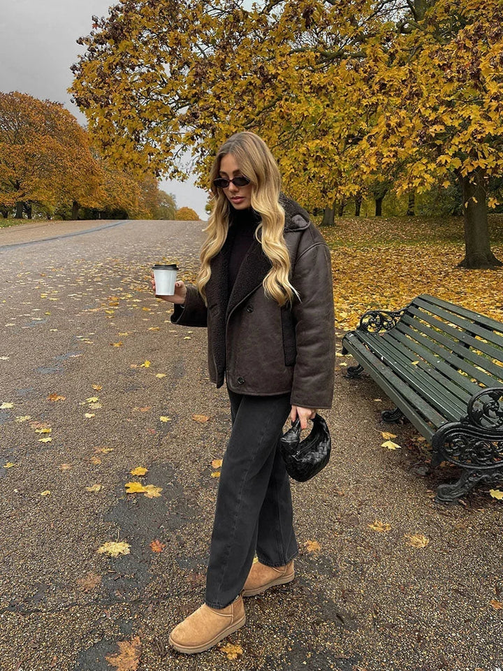 Oversized women's dark brown shearling-effect blazer