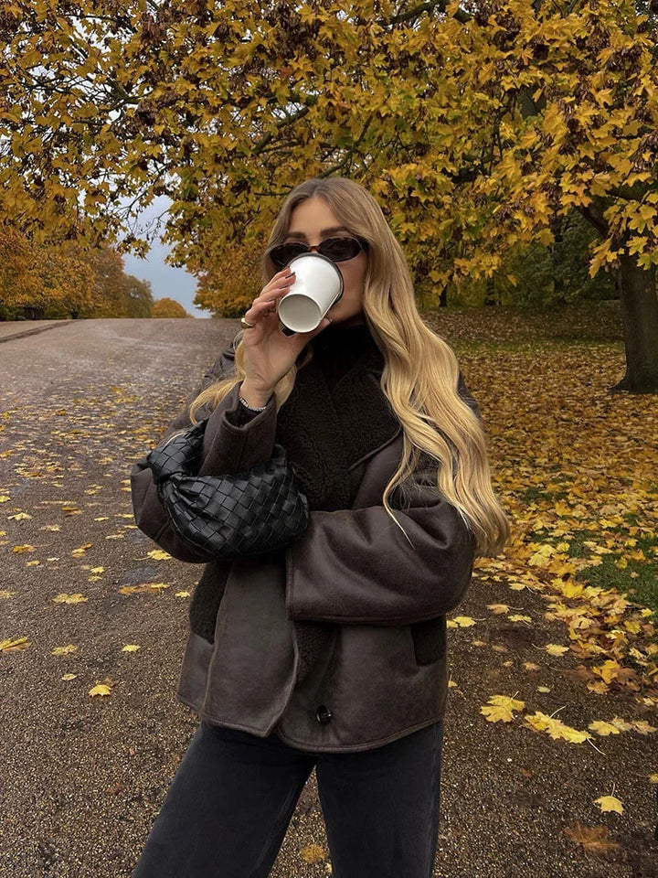Oversized women's dark brown shearling-effect blazer