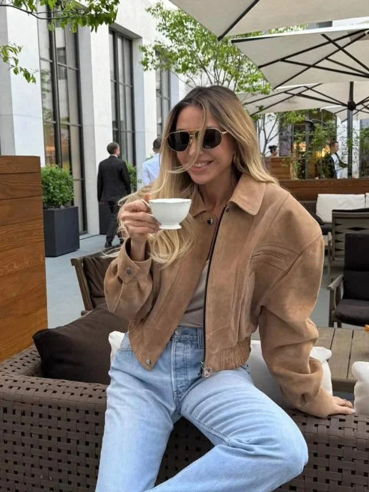 Short brown suede-look women's blazer with zipper and pockets