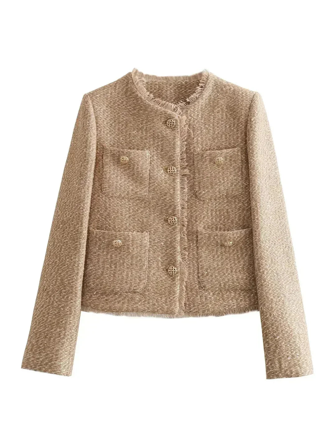 Beige Tweed Blazer for Women with Elegant Buttons