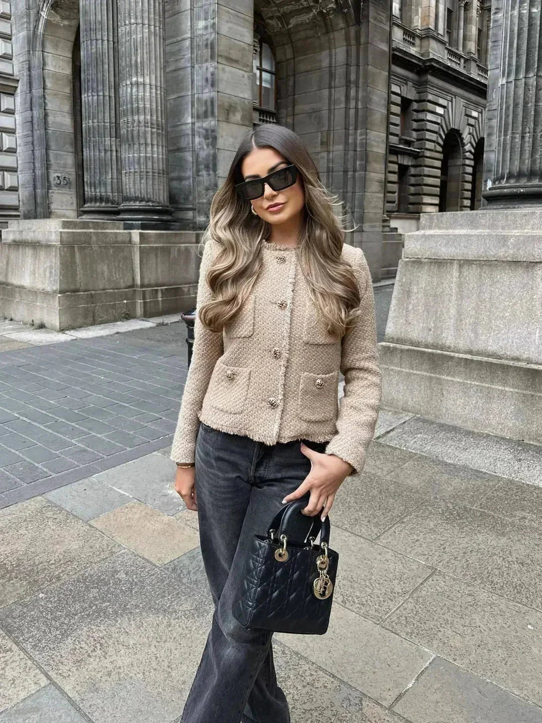 Beige Tweed Blazer for Women with Elegant Buttons