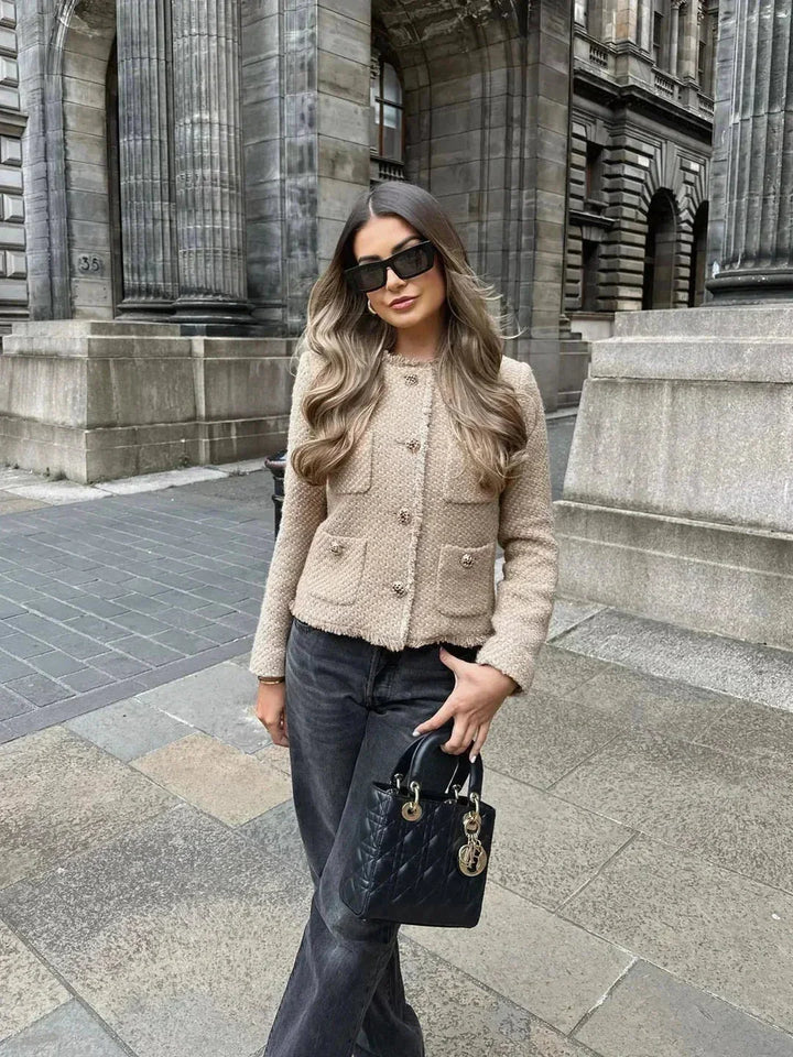 Beige Tweed Blazer for Women with Elegant Buttons