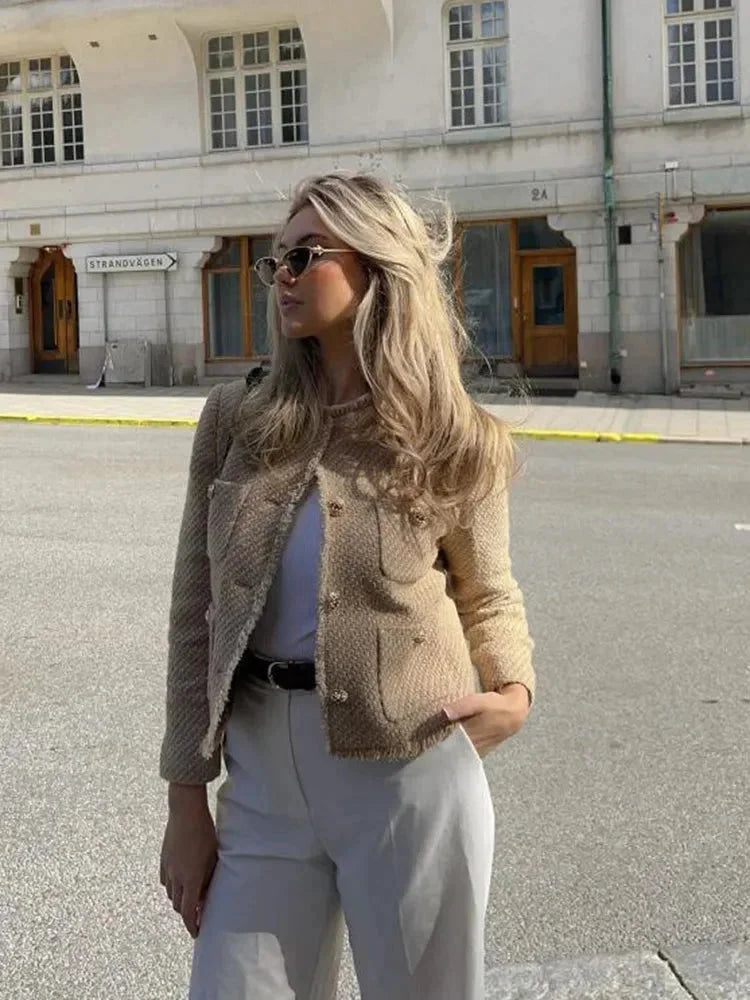Beige Tweed Blazer for Women with Elegant Buttons