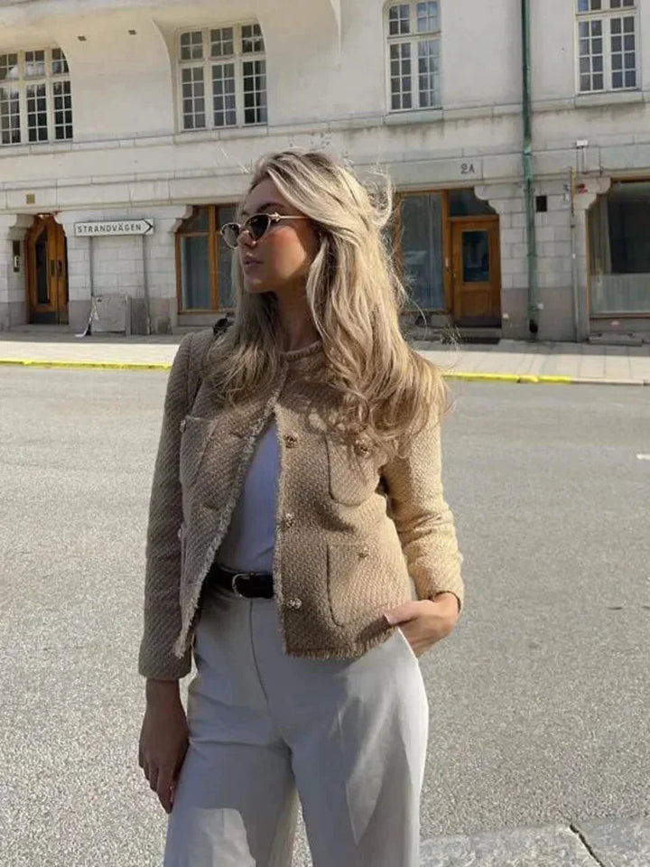 Beige Tweed Blazer for Women with Elegant Buttons