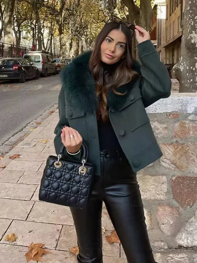 Dark green blazer for women with faux fur collar