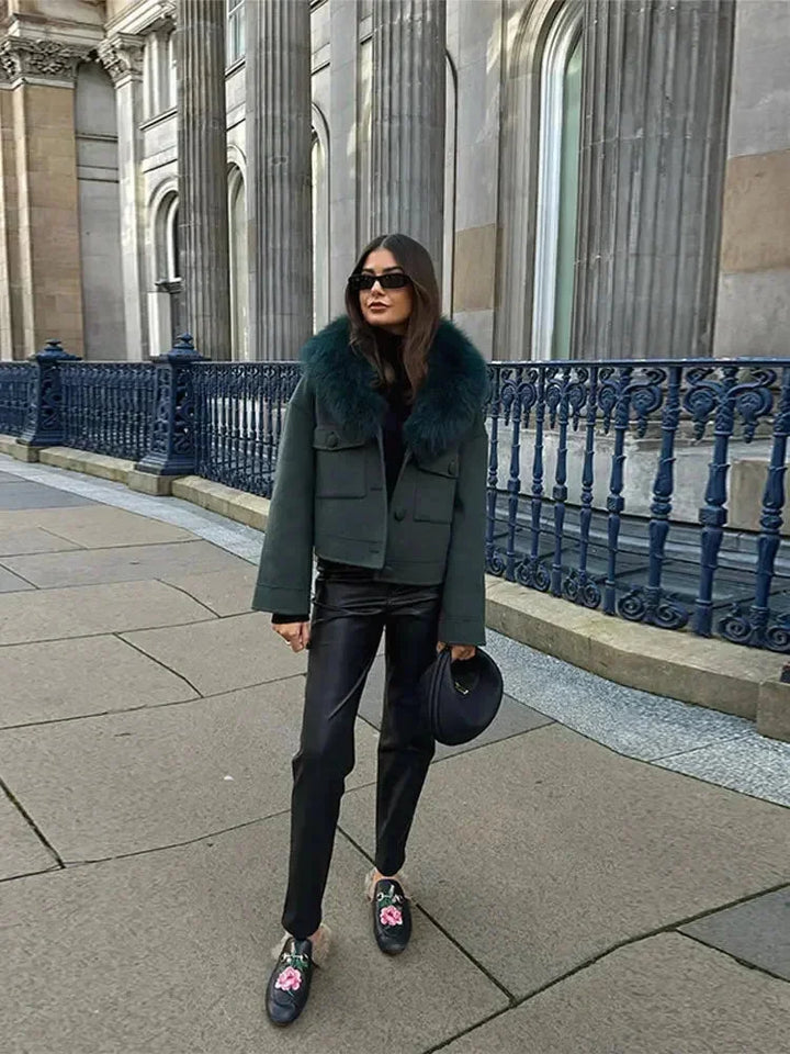 Dark green blazer for women with faux fur collar