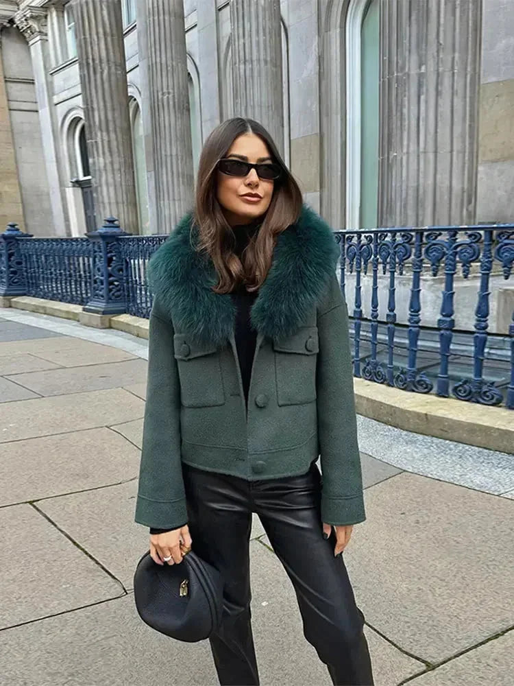 Dark green blazer for women with faux fur collar