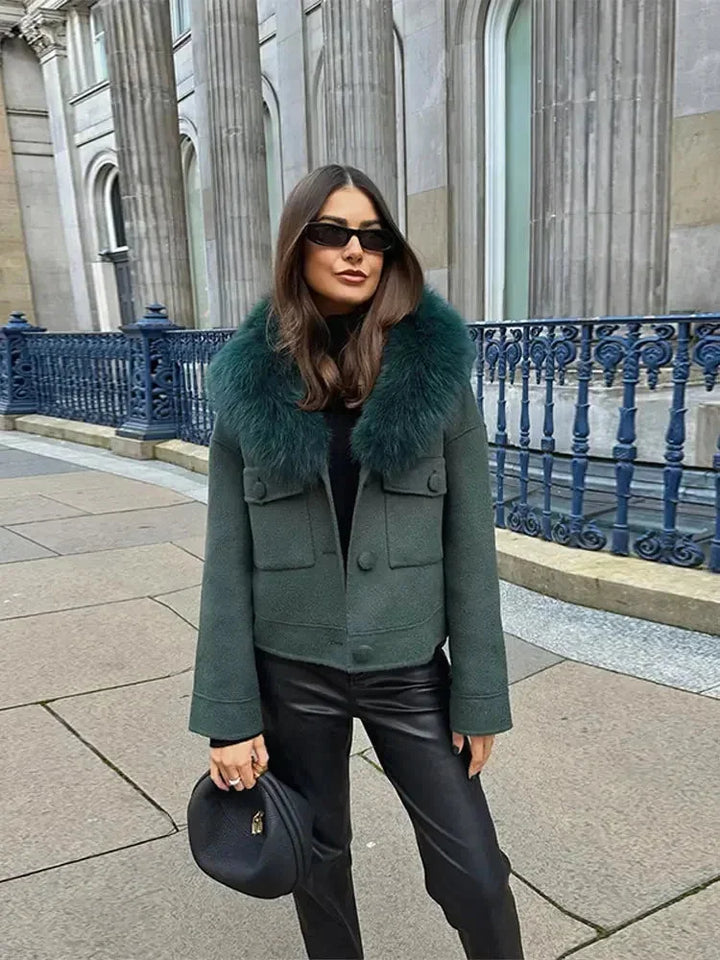 Dark green blazer for women with faux fur collar