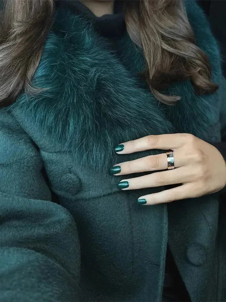 Dark green blazer for women with faux fur collar