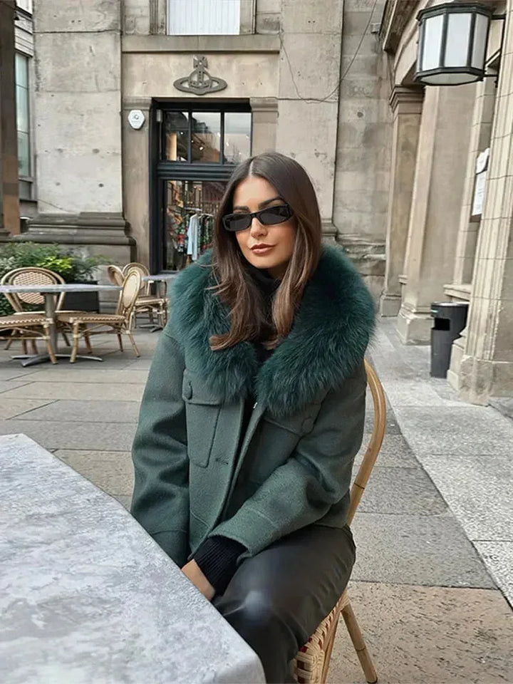 Dark green blazer for women with faux fur collar