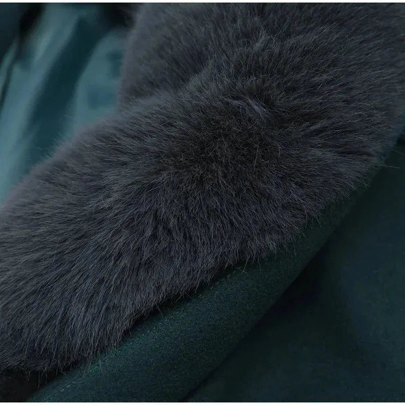 Dark green blazer for women with faux fur collar