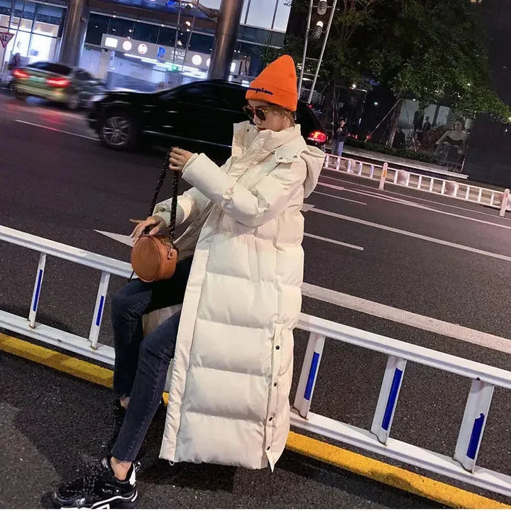 Long puffer coat for women with a removable hood