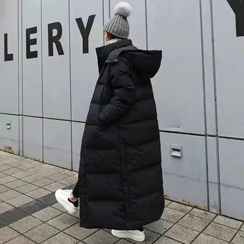 Long puffer coat for women with a removable hood