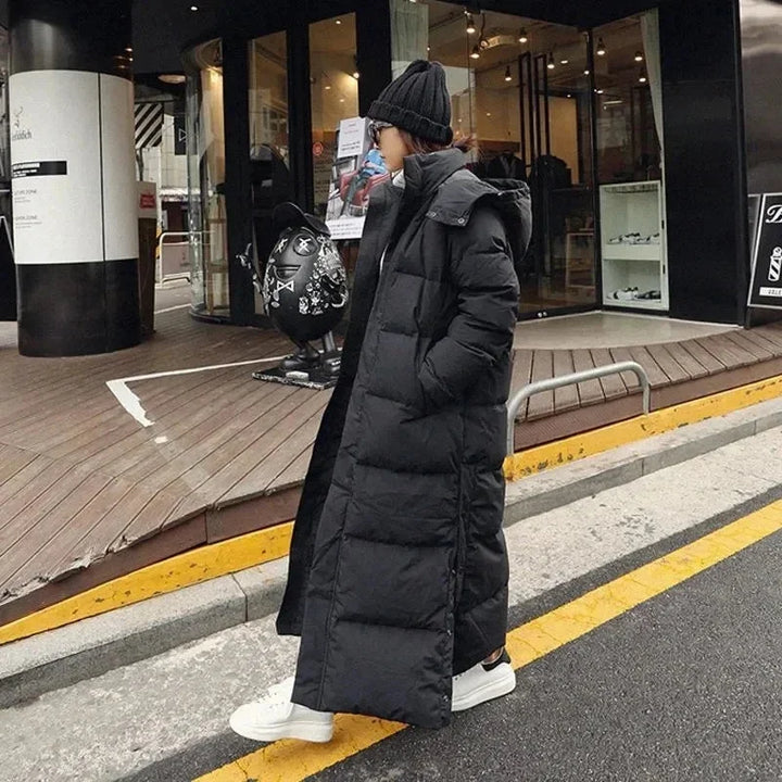 Long puffer coat for women with a removable hood