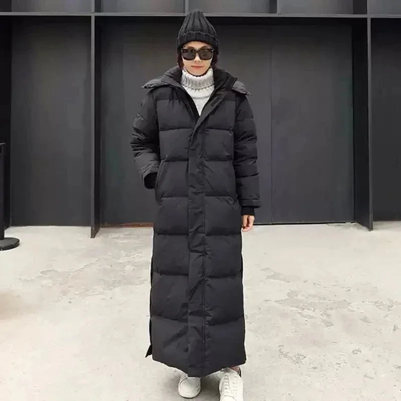 Long puffer coat for women with a removable hood