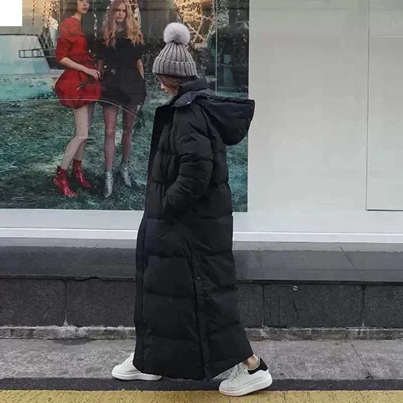 Long puffer coat for women with a removable hood
