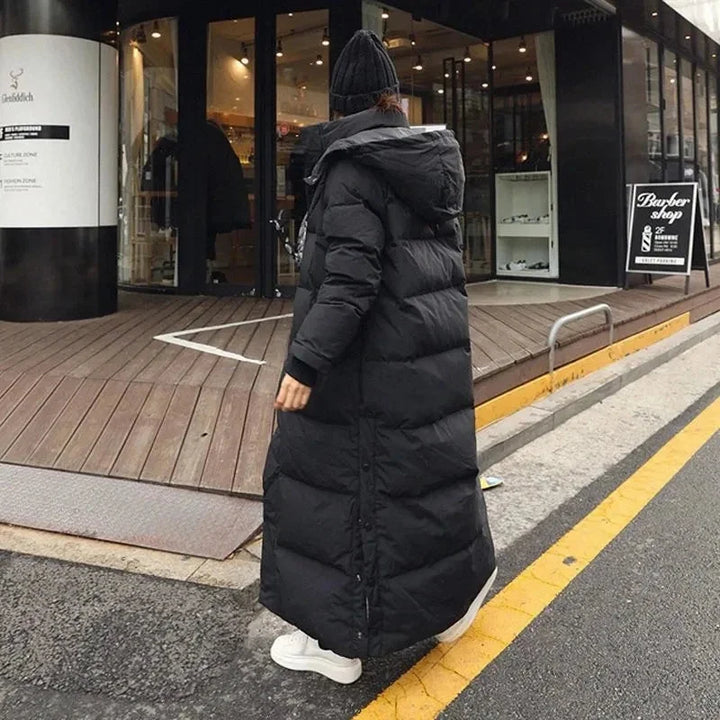Long puffer coat for women with a removable hood