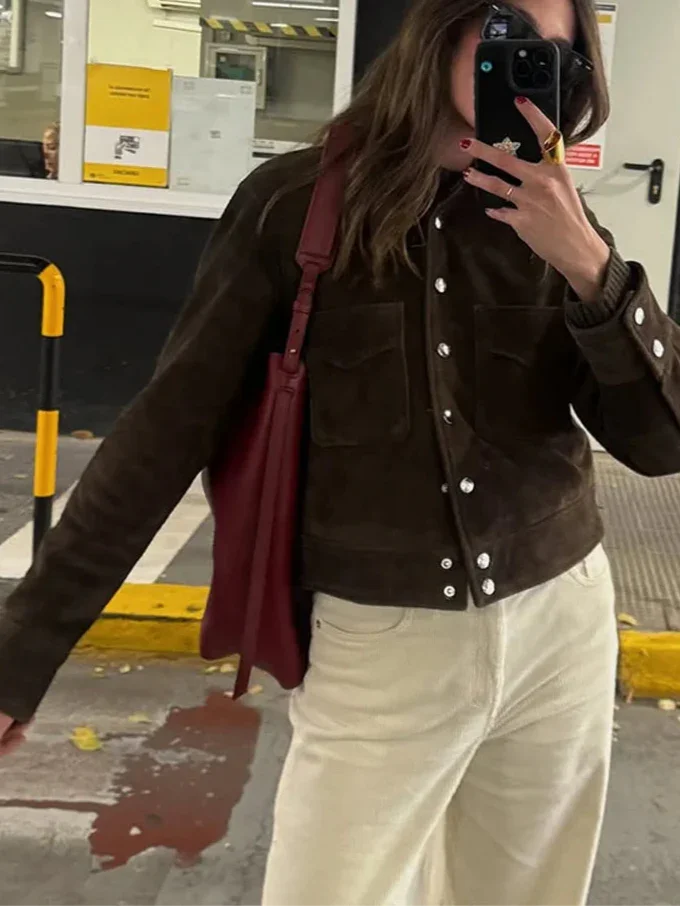 Brown Women's Blazer with Buttons and Pockets