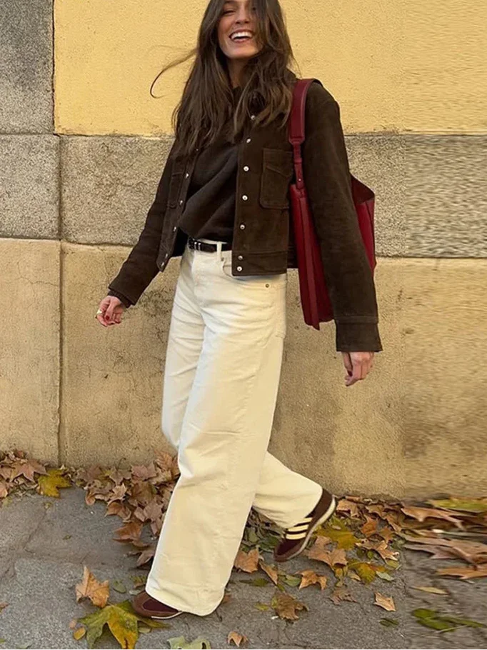 Brown Women's Blazer with Buttons and Pockets