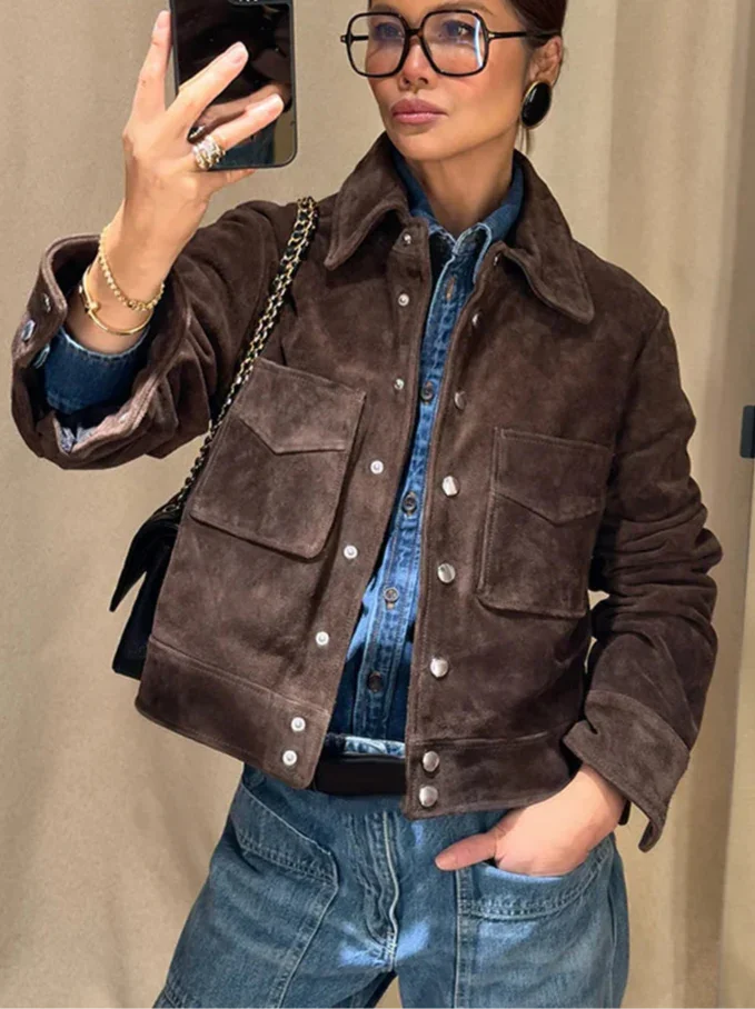 Brown Women's Blazer with Buttons and Pockets