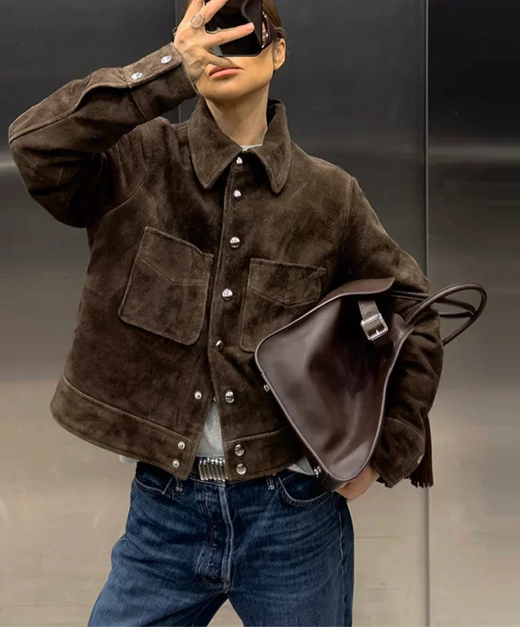 Brown Women's Blazer with Buttons and Pockets