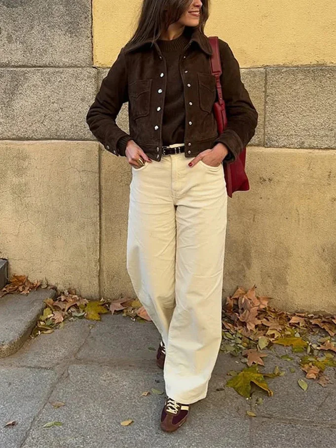 Brown Women's Blazer with Buttons and Pockets