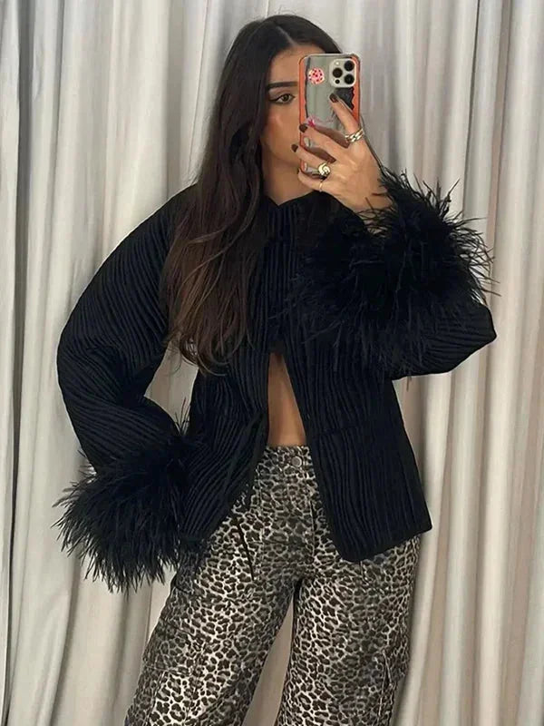 Black Women's Blazer with Elegant Feather Cuffs