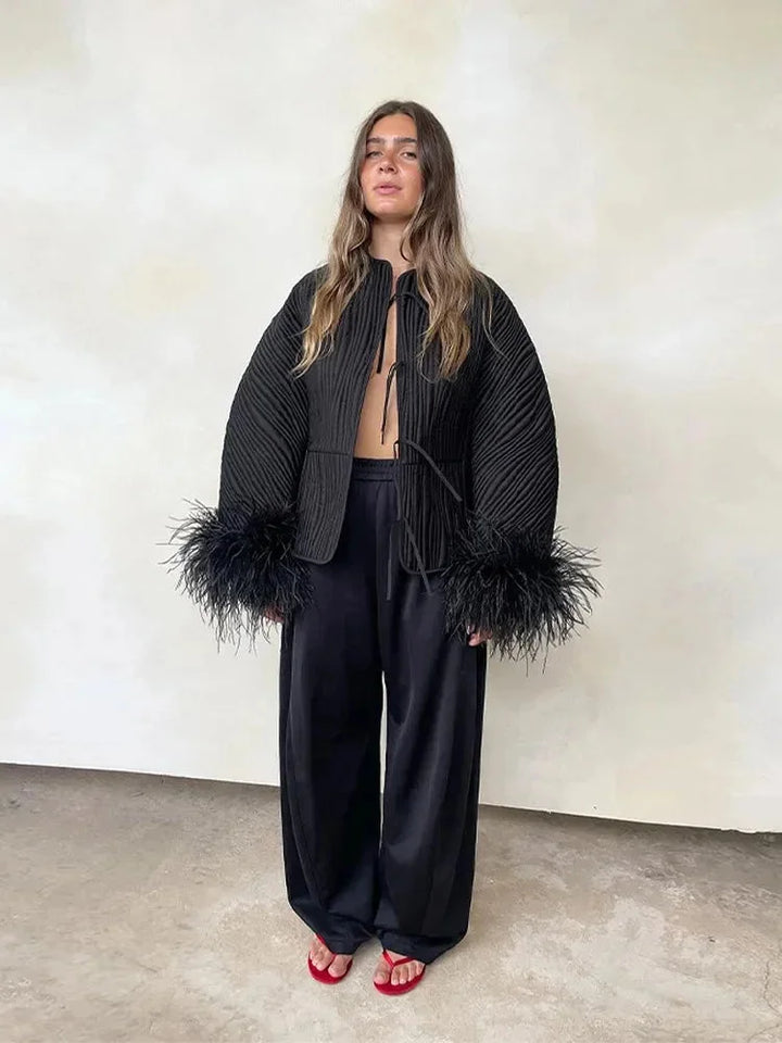 Black Women's Blazer with Elegant Feather Cuffs