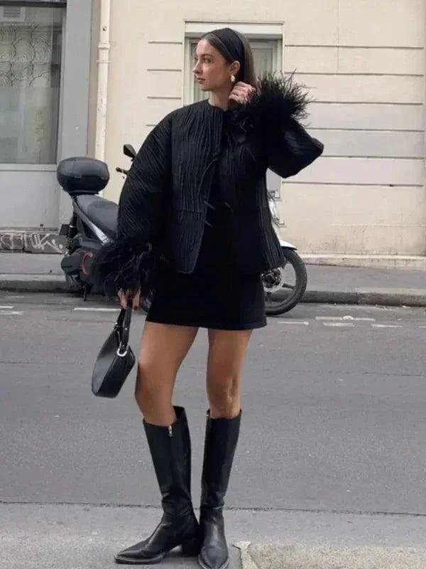 Black Women's Blazer with Elegant Feather Cuffs