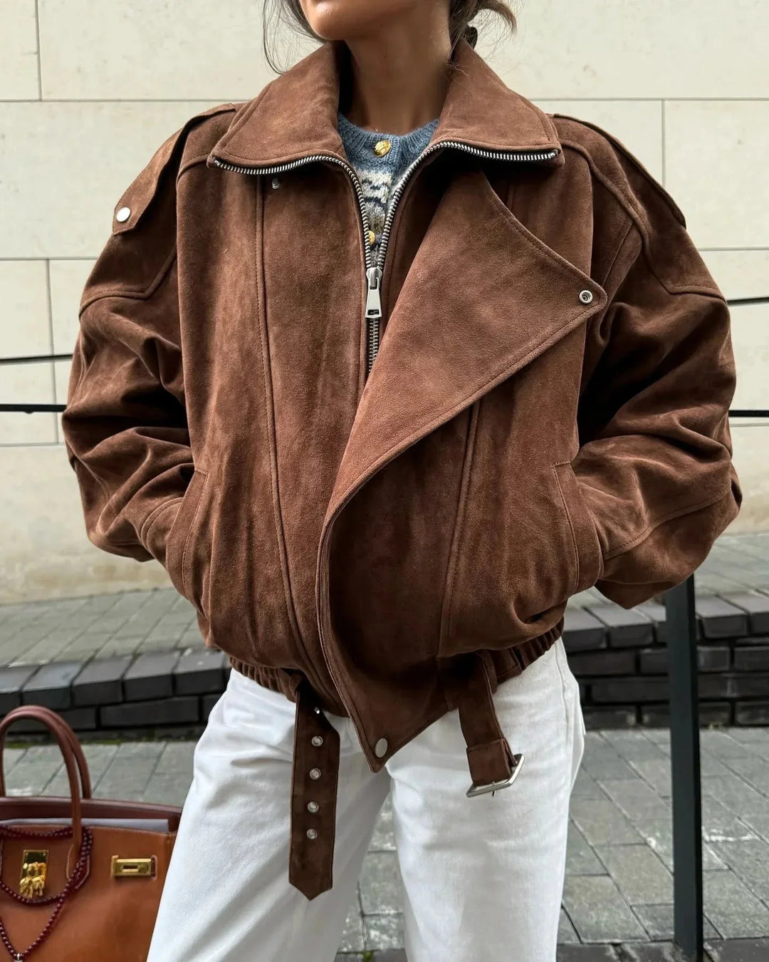 Oversized Brown Women's Blazer with Zipper and Collar