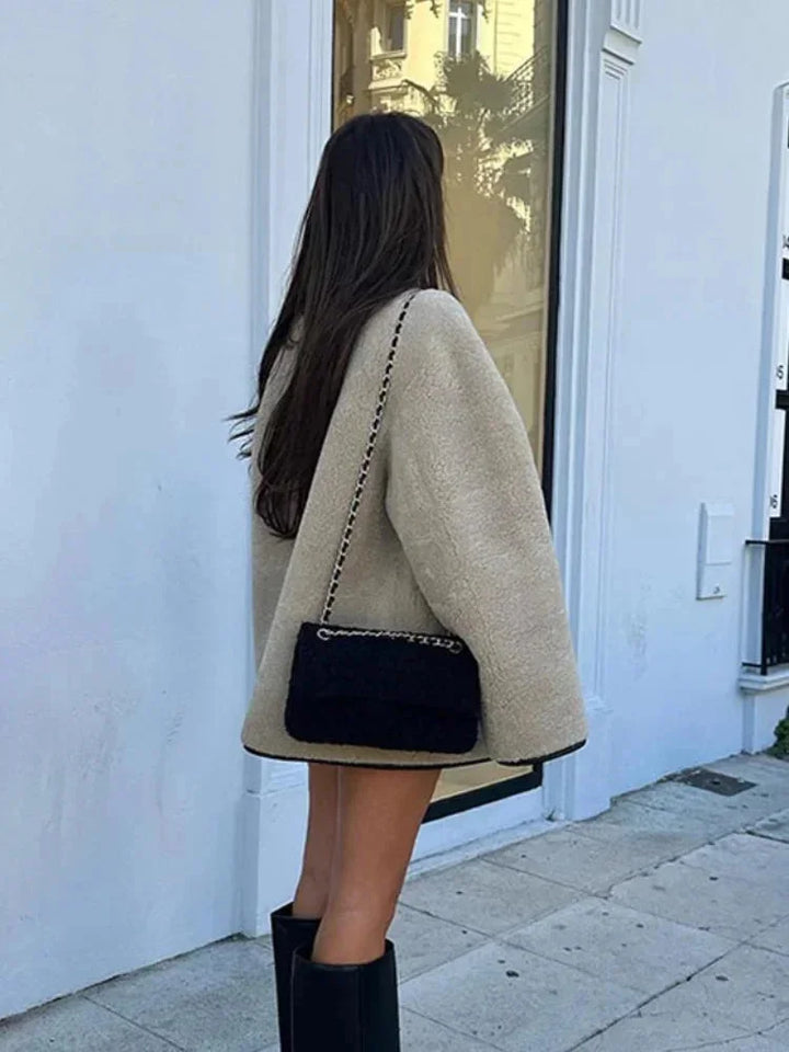 Beige fleece blazer for women with duffle-style buttons
