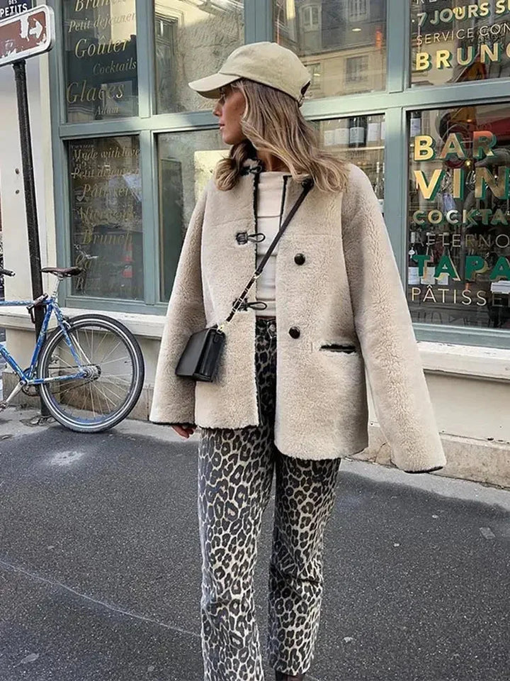 Beige fleece blazer for women with duffle-style buttons