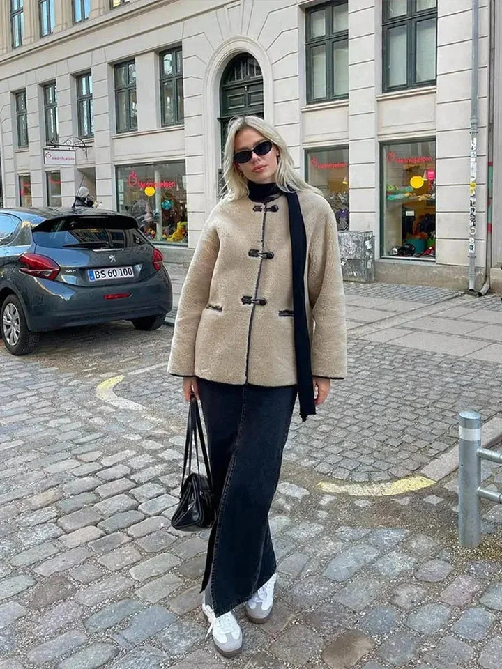 Beige fleece blazer for women with duffle-style buttons