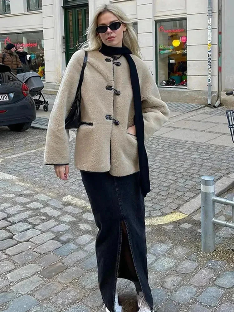 Beige fleece blazer for women with duffle-style buttons
