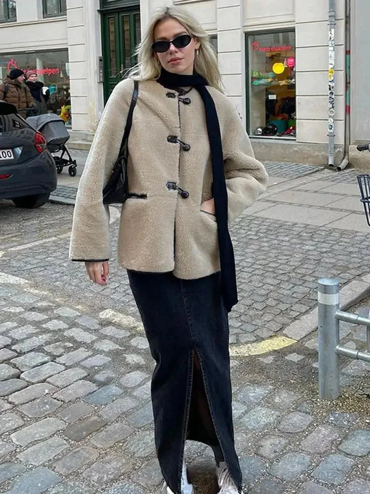 Beige fleece blazer for women with duffle-style buttons