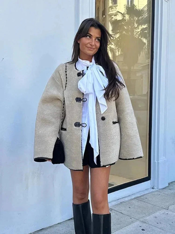 Beige fleece blazer for women with duffle-style buttons