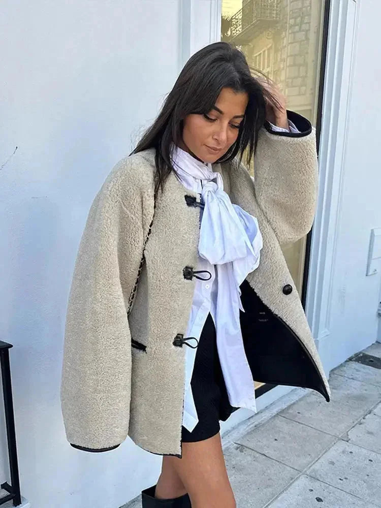Beige fleece blazer for women with duffle-style buttons