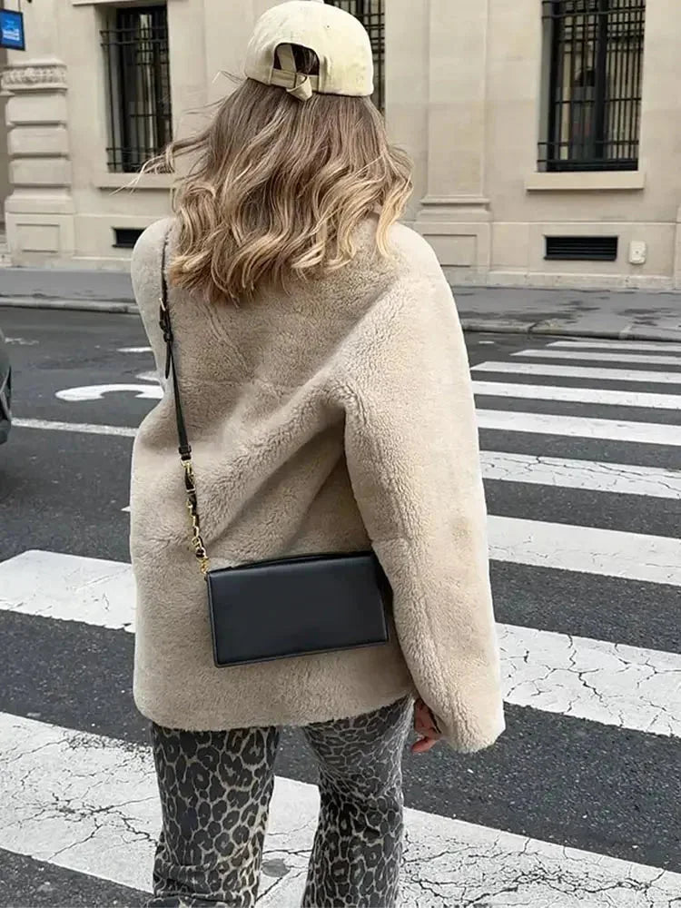 Beige fleece blazer for women with duffle-style buttons