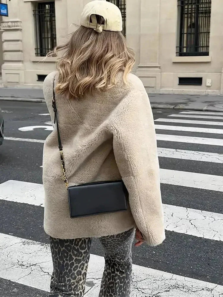 Beige fleece blazer for women with duffle-style buttons