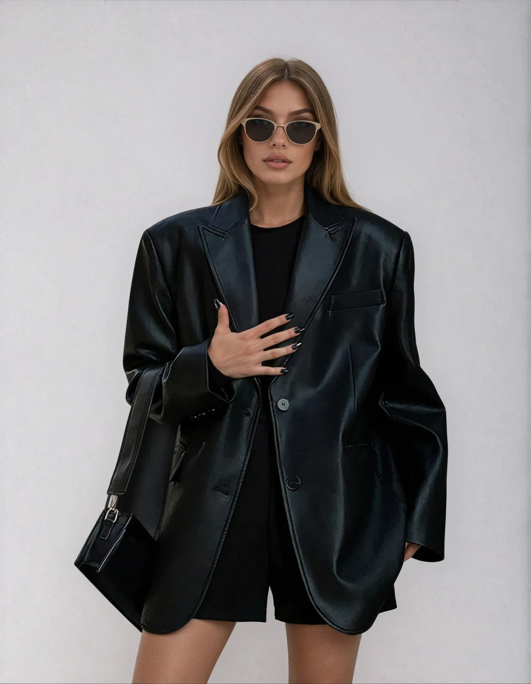 Oversized Faux Leather Women's Blazer with Collar