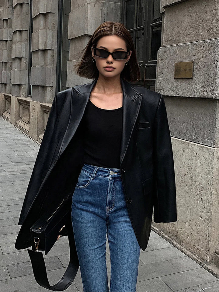 Oversized Faux Leather Women's Blazer with Collar
