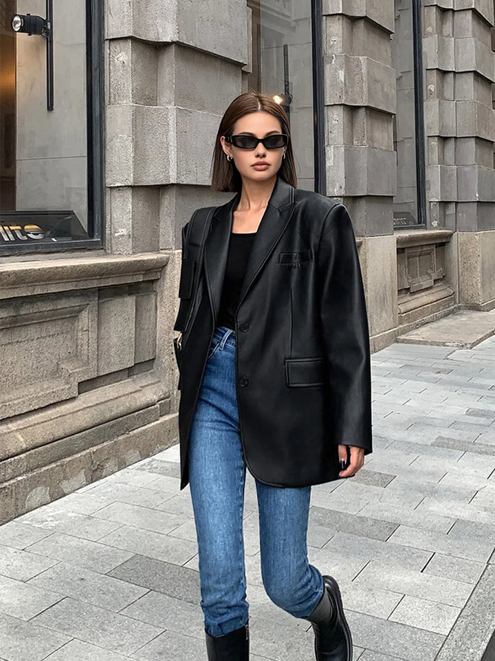 Oversized Faux Leather Women's Blazer with Collar