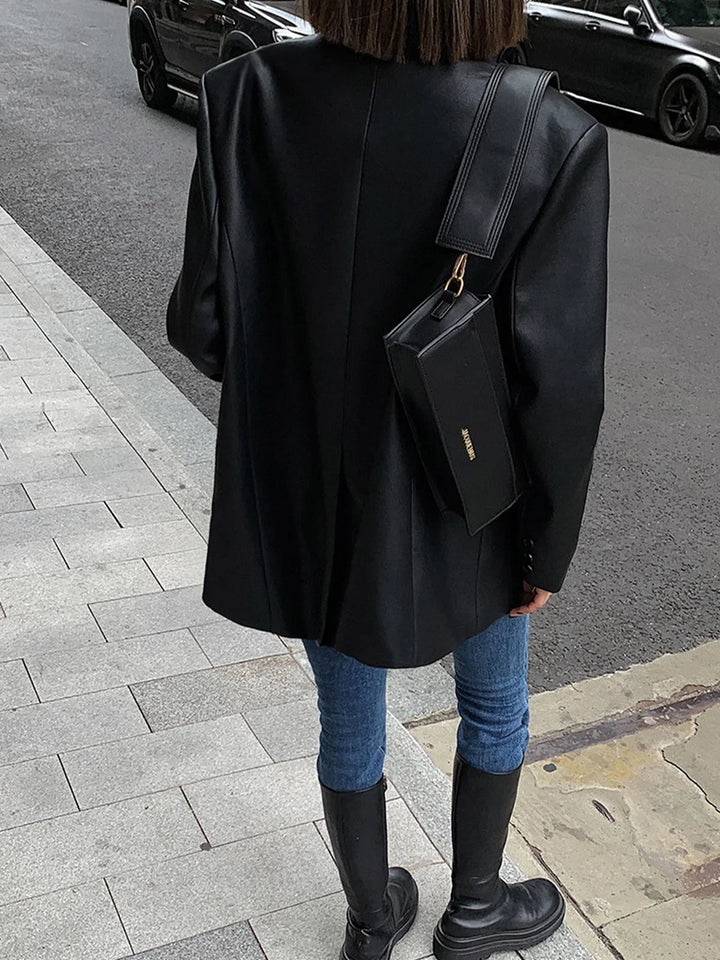Oversized Faux Leather Women's Blazer with Collar