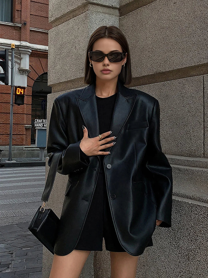 Oversized Faux Leather Women's Blazer with Collar