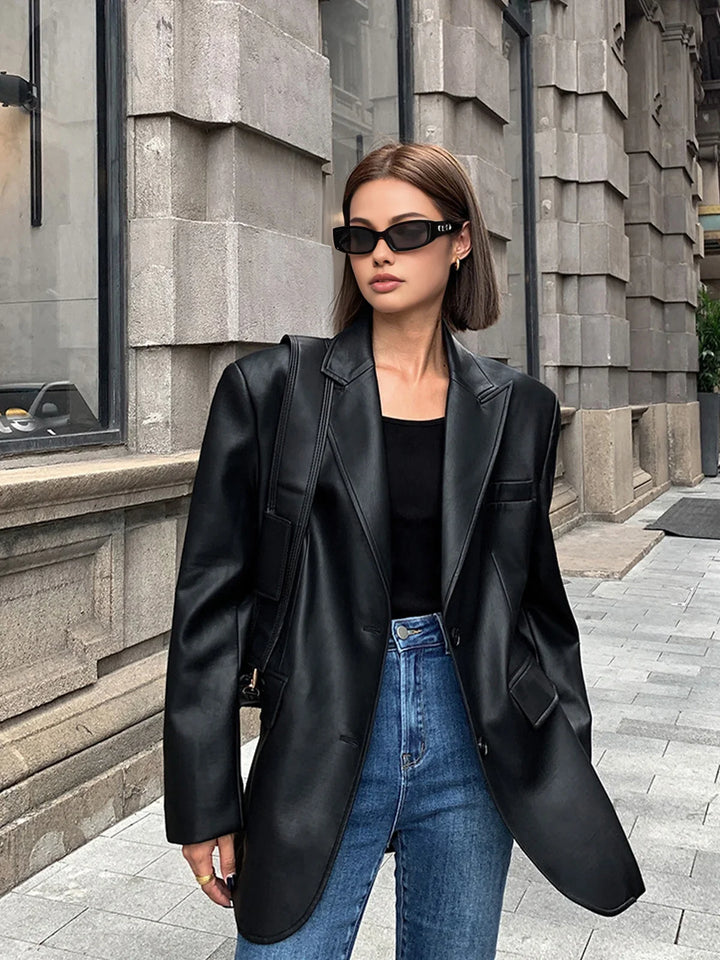 Oversized Faux Leather Women's Blazer with Collar