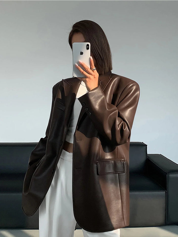 Oversized Faux Leather Women's Blazer with Collar