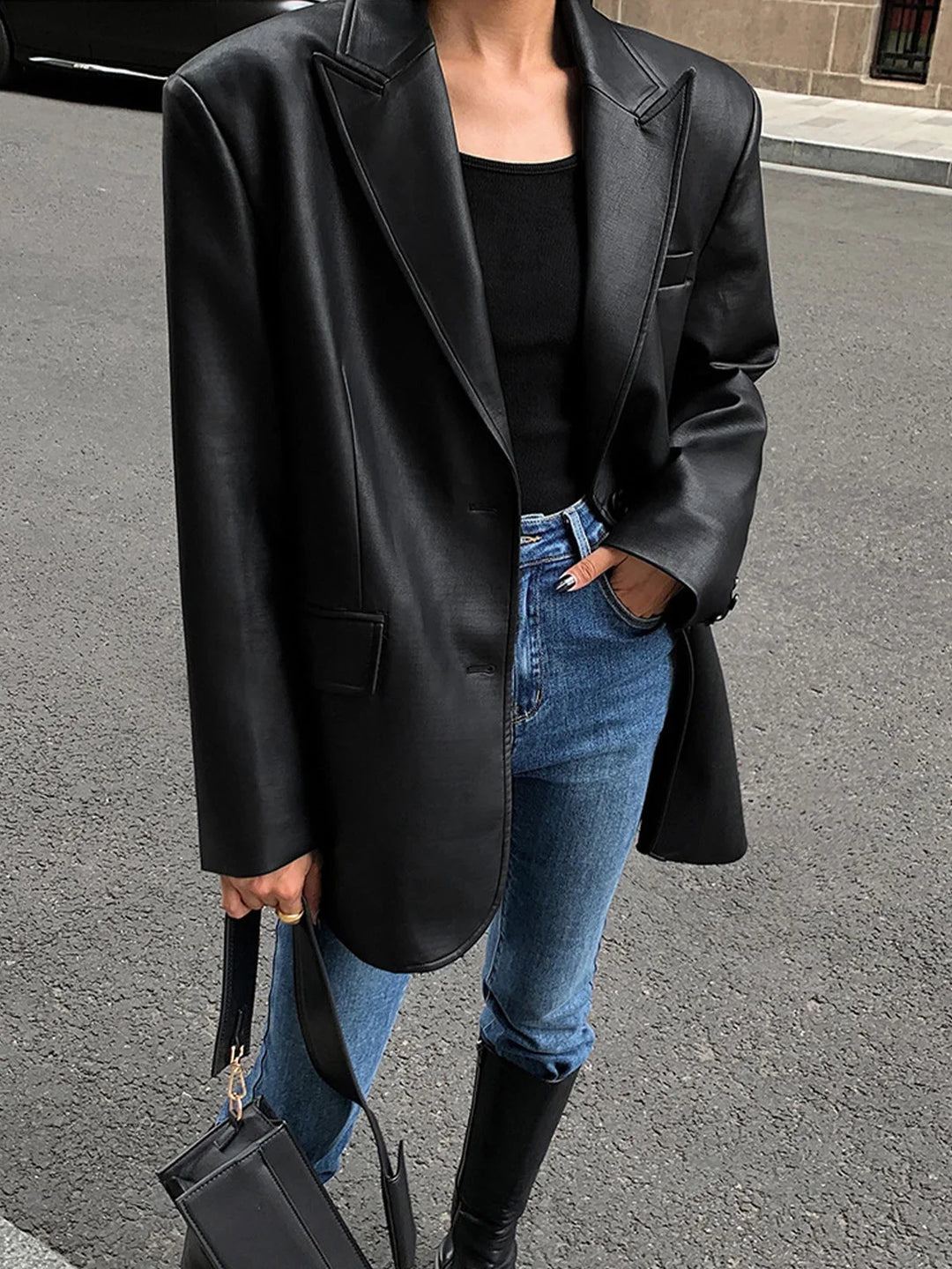 Oversized Faux Leather Women's Blazer with Collar