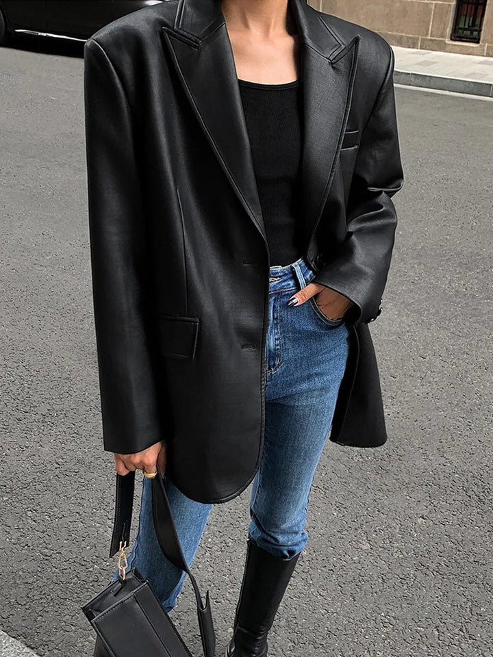 Oversized Faux Leather Women's Blazer with Collar
