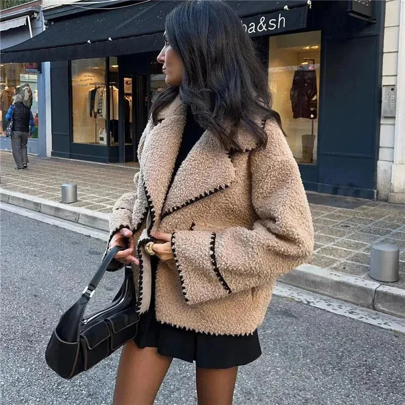 Beige Teddy Blazer for Women with Contrasting Black Stitching