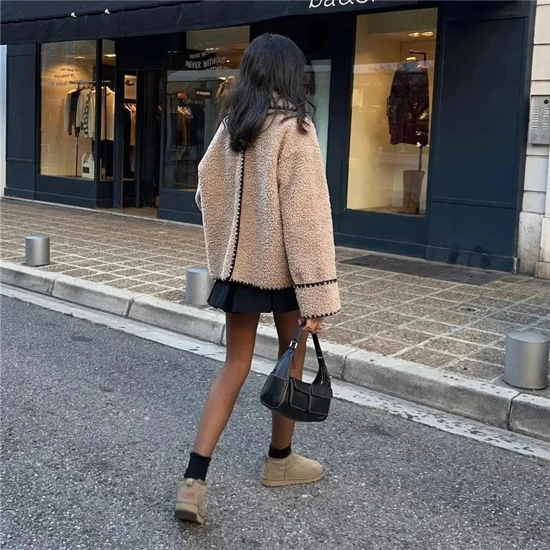 Beige Teddy Blazer for Women with Contrasting Black Stitching